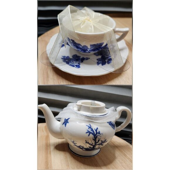 Nantucket Blue & White Tea Set – Teapot, Cup & Saucer, 3-Piece - Picture 1 of 16